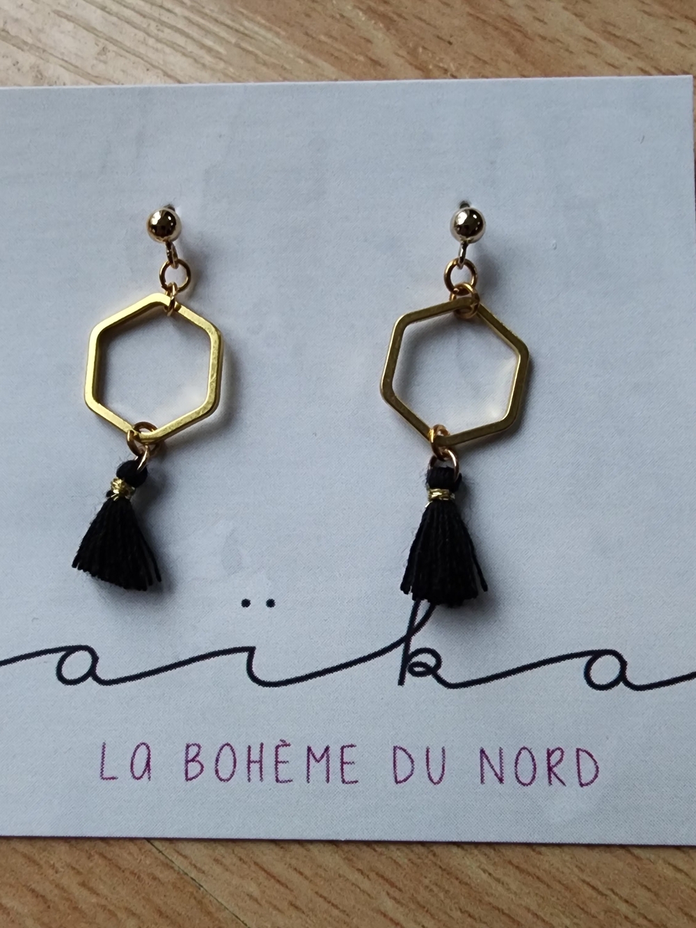 Gold Boho Hexagon Drop Earrings with Black Tassel